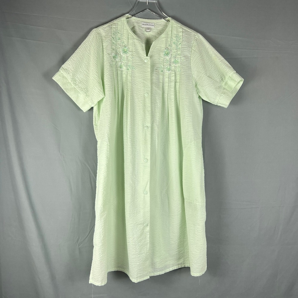 Miss Elaine Nightgown Womens Medium Mint Green Floral Embroidered Snap Front